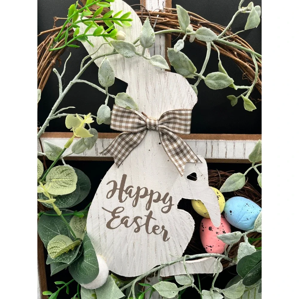 Happy Easter Farmhouse Window Pane Wall Decor Bunny Wreath Eggs Rustic 18